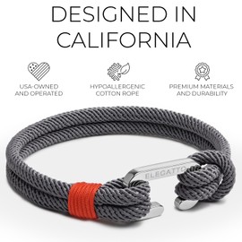 Elegatto Alchor Premium Rope Bracelet for Men | Nylon Marine Cord with Silver Polished Stainless Steel C-clasp closure| Waterproof and Fade-Resistant | Men’s Designer Bracelets | Gray Large (7.7")