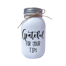 Grateful for your TIPS, White Tip Jar for Money, Painted and Distressed Glass Mason Jar, Regular Mouth Quart 32 oz. Coin Slot, TIP Jar for Restaurant, Bartender, Salon, Coffee Shop
