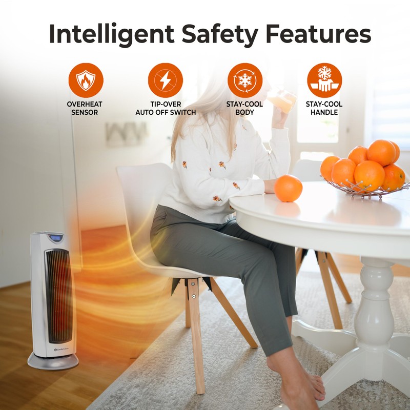 Comfort Zone 1,500W Ceramic Tower Space Heater with Remote, Backlit