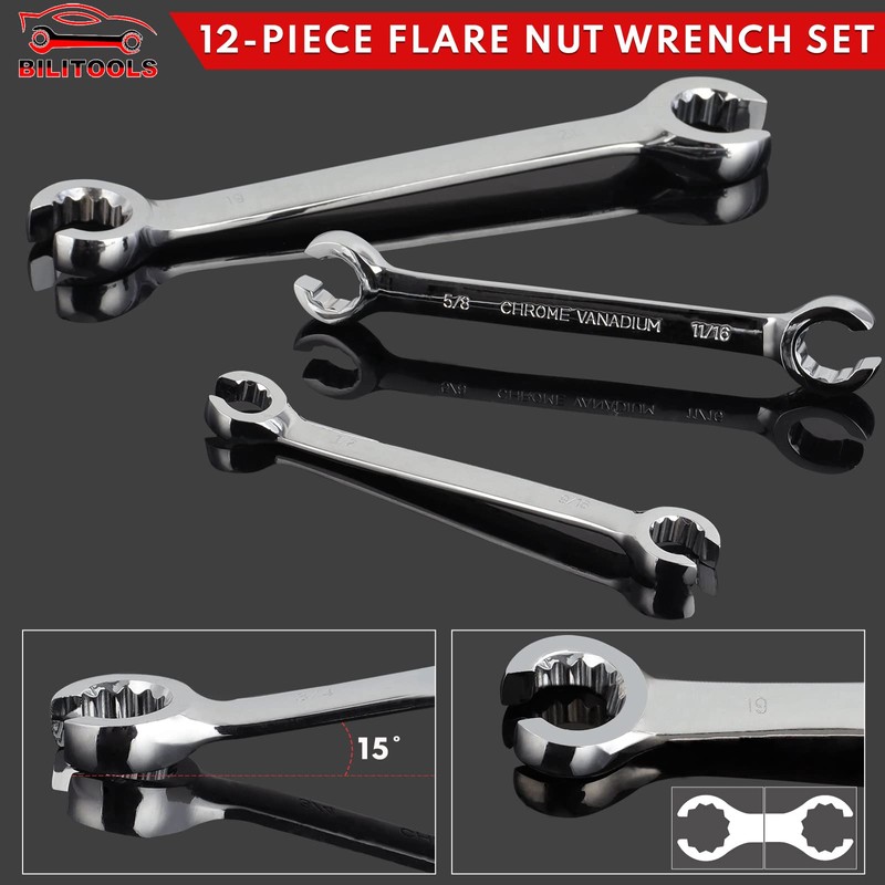 BILITOOLS 12-Piece Flare Nut Wrench Set, Metric & Standard, 12-Point