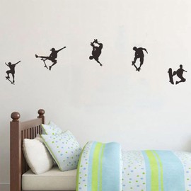 Skateboarder Skateboarding Wall Decals for Boy Girls Bedroom, 5 Pcs Inspirational Wakeboarding Sport Wall Sticker Art Decor Wallpaper for Kids Playroom Living Room Skateboard Home Decoration