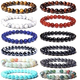 SONNYX 12 PCS 8mm Semi-Precious Gemstone Bracelet Set Healing Crystal Stone Stretch Bracelets for Men Women Round Beaded Elastic Bracelets