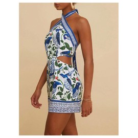 MakeMeChic Women's Chiffon Printed Halter Dress Tie Backless Criss Cross Cut Out Summer Mini Dresses Blue and White X-Small