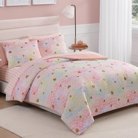 Wink Deer Queen Comforter Set with Sheets for Girls-7 Pieces Queen Bedding Sets with Pink Comforter, Sheets, Pillowcases & Shams for Kids (Colorful Gold Heart, 90" X 90")