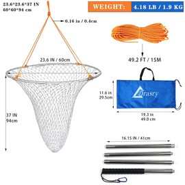 Drasry Large Collapsible Bridge Pier Fishing Net Landing Net with Rod, High Load Aluminum Ring Drop Net for Saltwater and Freshwater Pier Fishing Baskett with 49.2 ft Rope 23.6 * 23.6 * 37 in
