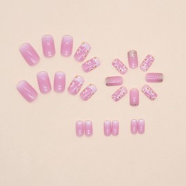Square Press on Nails Medium Fake Nails White French Tip Nails Press ons Cute False Nails with Flower Glitter Designs Pink Glue on Nails Spring False Nails Gradient Stick on Nails for Women 24Pcs