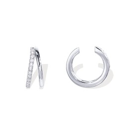 PAVOI 925 Sterling Silver 14K Gold Plated Cubic Zirconia Sparkling Round Huggie Ear Cuff Gold Earrings for Women | Clip On Cartilage (Double, White Plated)