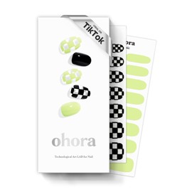 ohora Semi Cured Gel Nail Strips (N Racer) - Green, Patterned, Works with Any UV/LED Lamps, Salon-Quality, Long Lasting, Easy to Apply & Remove - Includes 2 Prep Pads, Nail File & Wooden Stick