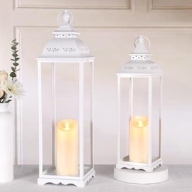 HAVITI 2 Pack Large Lanterns Decorative Outdoor, White Large Outdoor Lantern for Porch, 22'' 17'' White Lanterns Decorative Indoor (no Glass) with 2PCS Flameless Candles for Wedding Table Front Door