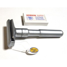 MERKUR FUTUR 700S Double Edge Shaving Holder with Angle Adjustment, Satin (10 + 1 Replacement Blade)