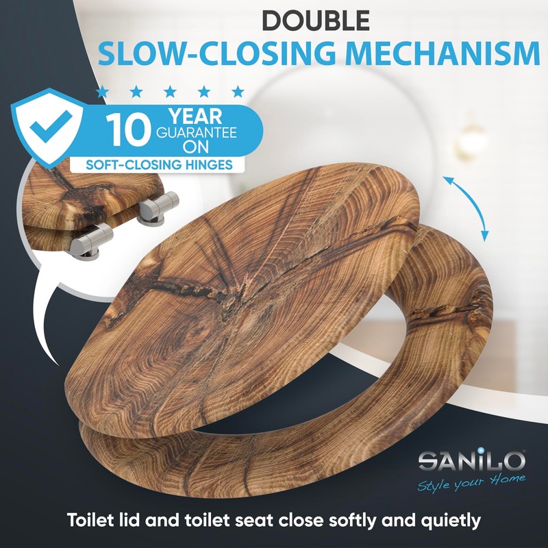 SANILO Wooden Toilet Seat with Soft Close [ROUND] - Decorative,