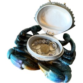 Top Brass Decorative Blue Crab Trinket Box Jewelry Secret Storage Compartment - Coastal Figurine - Beach Ocean Decor