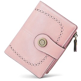 YERUUE Women's Small PU Leather Purse, RFID Blocking Small Purse, Women's Bifold Compact Purse with 20 Card Slots and 1 Zip Coin Compartment, pink, Retro