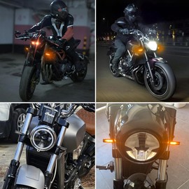 DREAMIZER 2PCS Flowing LED Motorcycle Turn Signals w/Running Light 12V Super Bright Universal Sequential Front 40mm Fork Clamp indicators Amber Lamp Compatible with Harley Honda Yamaha and More