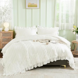 WONGS BEDDING Comforter Full Size, White Ruffle Comforter for Full Bed, Soft Seersucker Textured Bedding Set Full Size Comforter Sets for Girls 90"×78"