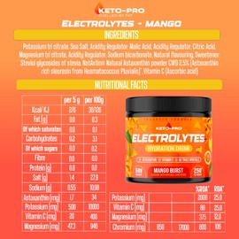 Keto-Pro Keto Electrolytes 250g | Keeping You Electric | Electrolyte Powder & Salts with Astaxanthin | Supporting Fasting, Health & Fitness Goals | Mango Flavour