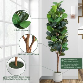 7ft Artificial Fiddle Leaf Fig Tree with LED Fairy Lights & White Planter - Lifelike Faux Ficus Lyrata Plant in Pot with Natural Trunk for Home Office Living Room Foyer Corner Decor Indoor Outdoor