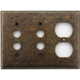 Classic Accents Aged Antique Brass 3 Gang Wall Plate - 2 Push Button Light Switch Opening 1 Duplex Outlet Opening