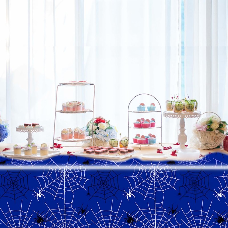 YTHKJS 2Pcs Blue Spiderweb Party Tablecloth|70.8 x 42.5 Inch| Spiderweb