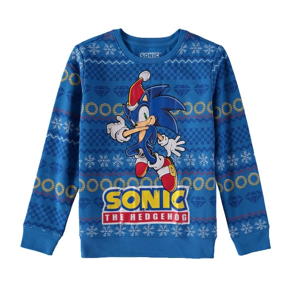 SEGA 8-20 Sonic The Hedgehog Suéter de Navidad con cuello redondo iluminado, Azul, 14-16