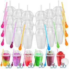 Ninehaoou 24 Sets Slushie Cups with Dome Lids and Straws Detachable Spoon Straws Reusable 16 oz Plastic Iced Coffee Cups Smoothie Tumbler for Birthdays Summer Party Supplies (Transparent White)