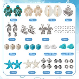 SUNNYCLUE 1 Box 224Pcs Ocean Bead Kit Summer Sea Turtle Beads Starfish Bead Fish Shell Seahorse Charms Sealife Charm Chip Stone Bead Lucky Turquoise Beads for Jewelry Making Kits Adults DIY Supplies
