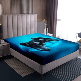 Boys' Games Fitted Sheet, Children's Gamepad Bed Linen Home Sets, 90 x 200 cm, Modern VR Player Fitted Sheets for Teenagers, Girls, Gamer Play Joystick, Home, Bedroom Decor, Blue
