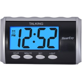 HearEsy Talking alarm clock for Visually Impaired - Large Numbers Desk Clock - Day Clock for Seniors - Battery Operated Large Display , Digital Clock, Digital (Silver)