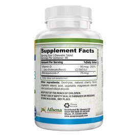 Athena - Vitamin D3 2000IU with K2 (MK7) - 90 Chewable Tablets - Supports Immune System - Muscle Energy - Strong Bones - Healthy Dental