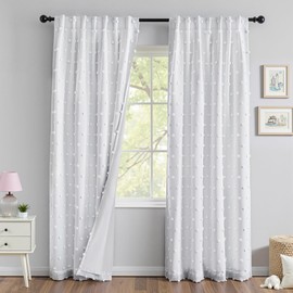 MYSKY HOME White Blackout Curtains for Kids Bedroom 100% Light Black Out Thermal Insulated Curtain 72 Inches Back Tab Room Darkening Privacy Protect Window Drapes with Pom Pom Sheers 2PCS, 52" x 72"