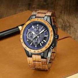 VICVS Men's Wood and Stainless Steel Watches, Chronograph 3 Dials Chronograph Quartz Casual Business Multifunctional Men's Wood Watches, Handmade (Walnut Metal)