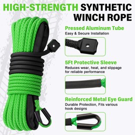 HOKINETY Synthetic Winch Rope Kit - 1/4" x 50' 10000 lbs Kinetic Recovery Cable for ATV UTV Off-Road Vehicles with Forged Hook, Rubber Stopper, Protective Sleeve and Safety Pull Strap - Green