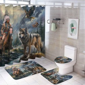 FBMLBRB Modern American Native Wolf Eagle 4 Pcs Waterproof Shower Curtain Set,Abstract Forest Hunting Theme Nation Tribal Dreamcatcher with Waterproof Toilet Cover Shower Mat Rugs