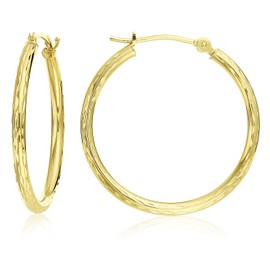 14k Yellow Gold Hand Engraved Full Diamond-cut Round Hoop Earrings (30mm (1.2 inch))…