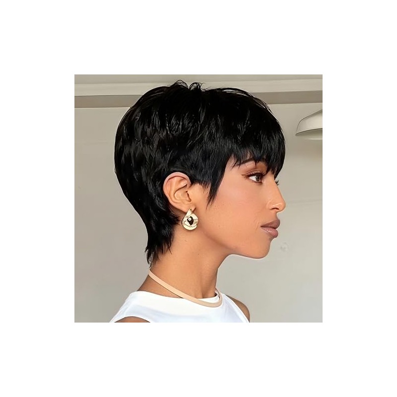 SAEIALL Peluca de cabello humano corto negro con corte pixie