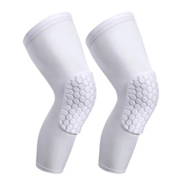 PISIQI Knee Compression Pads Long Leg Sleeve Brace Protection for Basketball, Football & Volleyball (2 Sleeves) (White, M)