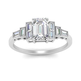 CaratYogi Choose Your Gemstone Baguette Milgrain Graduated Diamond CZ Ring Sterling Silver Emerald Shape Side Stone Engagement Rings Lightweight Office Wear Everyday Gift Jewelry US Size 4 to 12,