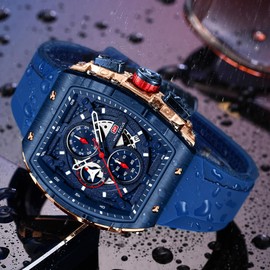 YUNSML Mens Watches Fashion Sport Luxury Tonneau Watches for Men Chronograph Waterproof Dress Business Work Watch Large Square Face Analog Luminous Calendar Men Wrist Watch Blue Silicone Strap
