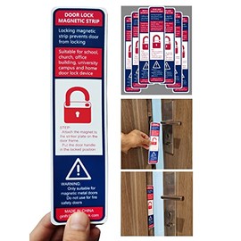 12 Pack Lockdown Magnetic Strips Door Security Devices Thin Magnetic Strips School Office Emergency Easy Quick Lock Door Latch White Text Version (12)