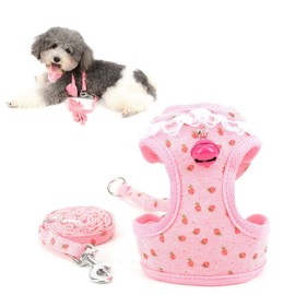 Lace Trim Collar Bell Girls Small Dog Vest Harness and Leash Set for Walking Escape Proof Kitten Cat Harness No Pull Soft Mesh Padded Adjustble Puppy Summer Clothes,Pink Strawberry,Small