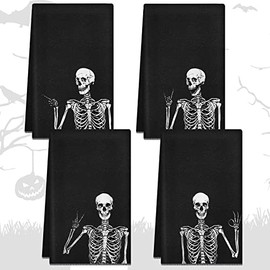 Kinlop 4 Piezas Toallas de Mano con Esqueleto de Halloween Paños de Cocina Absorbentes con Calaveras Estilo Gótico Brujo Hippie para Secar Decoración 