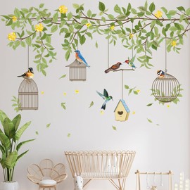 SMAOSTORE Wall Sticker, Flower Vine, Birdcage, Green Leaves, Stickers, Stylish, Yellow Flowers, Branches, Birds, Bedrooms, Top Corners, Skirts, Backgrounds, Waterproof, Removable, Wallpaper, DIY