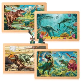 Blosssound 4 Pack Dinosaur Puzzles Dinosaurs Jigsaw Wooden Puzzles for Kids Toddler Birthday Party Gifts Preschool Kindergarten Learning Educational Activities Supplies, 3-8 Years Old Kids
