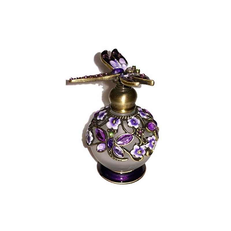 Welforth Dragonfly Lavender & Purple Flower Enamel Crystal Perfume Bottle