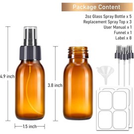 Glass Spray Bottles with Extra Mist Sprayer &  Funnel & Labels - Amber Small Spray Bottle Empty Atomizer Bottle for Essential Oils, Cleaning, Plants, Travel - Color: 5 Pack - 2 oz Amber
