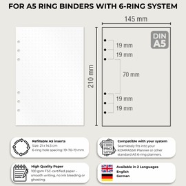 KOMPASS® 30 Grid Paper A5 Planner Inserts | 6-Hole A5 Paper (14.5 cm x 21 cm) | Refillable Ring Binder Notebook Inserts for Notes, Brainstorming & To-Do Lists
