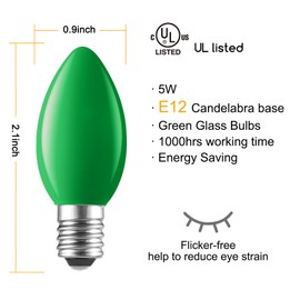 Minetom C7 Christmas Replacement Light Bulbs 25 Pack, C7 Bulbs Clear Incandescent Bulb for Christmas String Light, E12 Candelabra Base, 5 Watt, Green