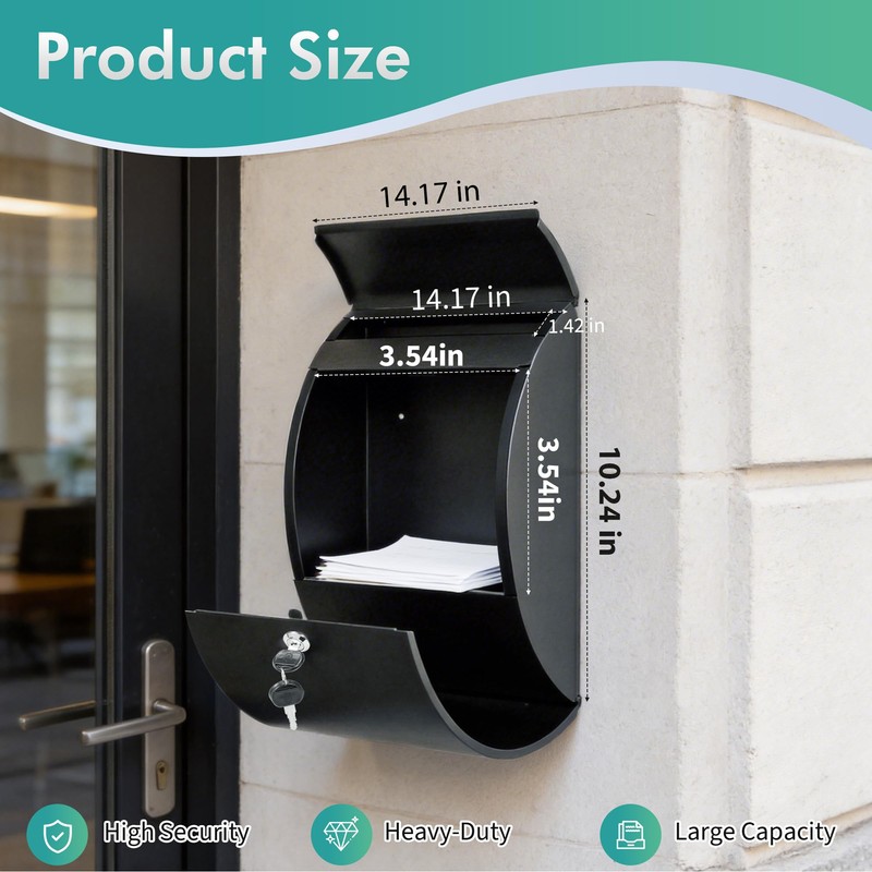 Metal Mailbox Wall Mount, Large Locking Mailbox with Key Lock,