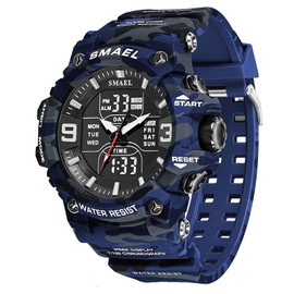 FANMIS Men's Analog Digital Outdoor Sports Watch Military Tactics Multi Function Watch LED Electronic Large Dual Display Watch Army Luminous Waterproof Watch (Camouflage Blue)