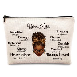 kdqua Inspirational African American Makeup Bag, Black Girl Gifts for Black Women Girls Sisters, Afro Queen You Are Beautiful Strong Amazing Gifts Linen Cosmetic Bag Zipper Pouch Travel Toiletry Bag